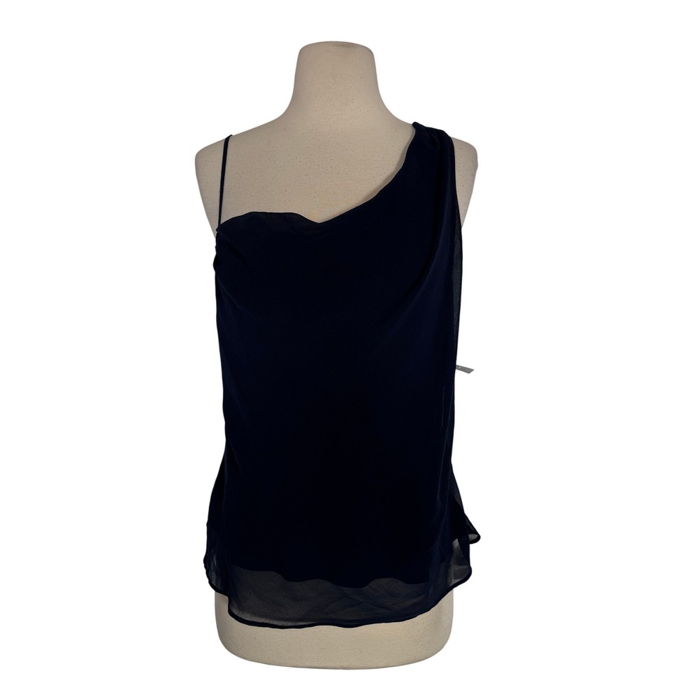 Open Edit Navy Asymmetrical One Shoulder Cowl Neck Chiffon Top Side Zip Size L